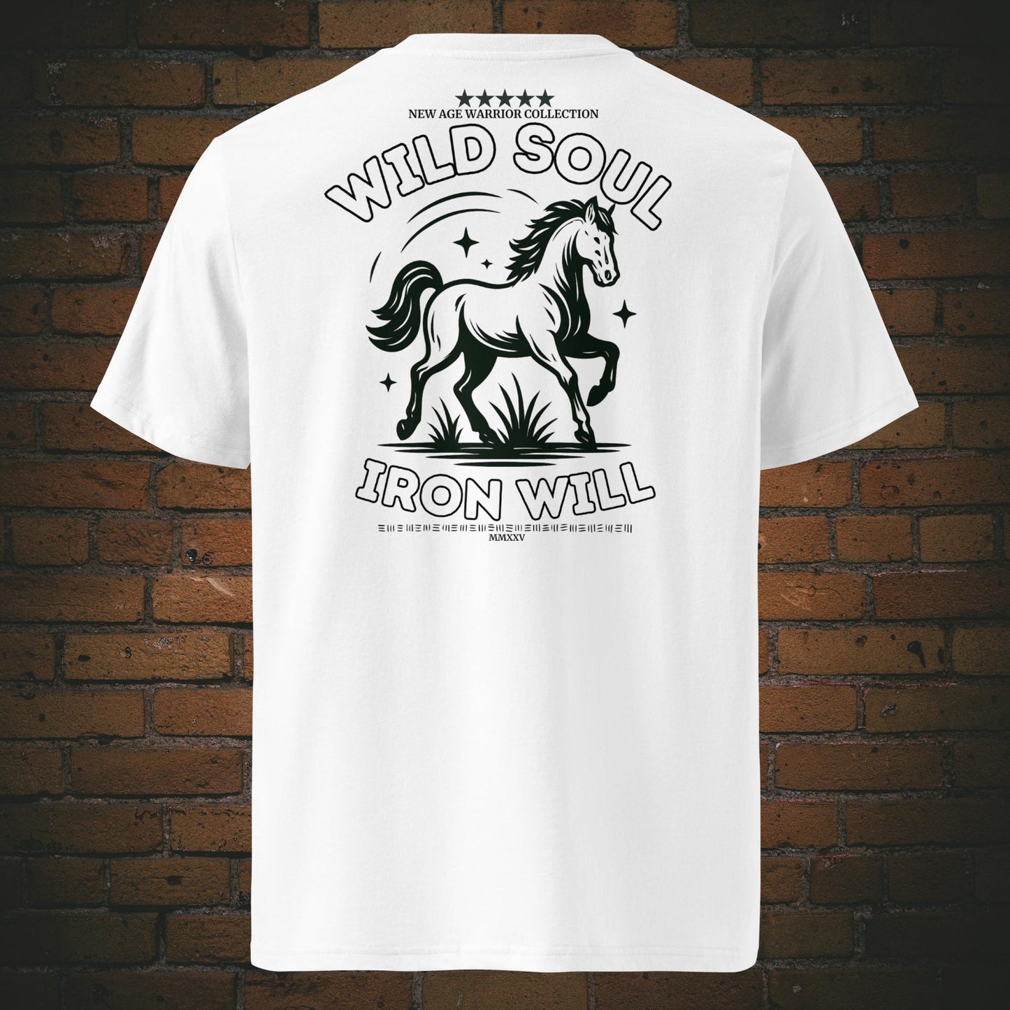 Wild Soul Iron Will – Pferd Krafttier Bio T-Shirt Unisex - Druck auf Bio-Baumwolle in der Farbe: weiß
