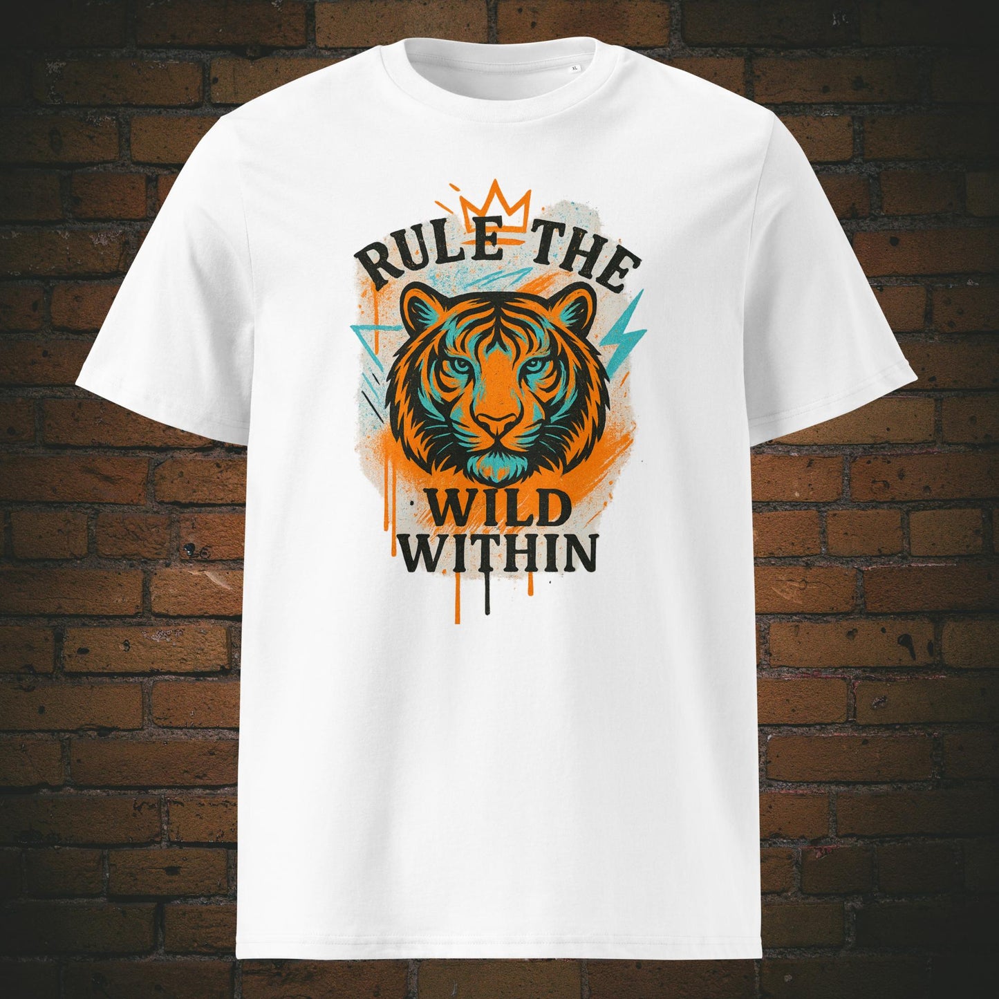Rule the Wild Within Urban Streetwear Bio-T-Shirt – Tigerdesign in Orange & Türkis, 100 % Bio-Baumwolle, fair produziert, nachhaltiger Streetstyle.Shirtfarbe: weiß