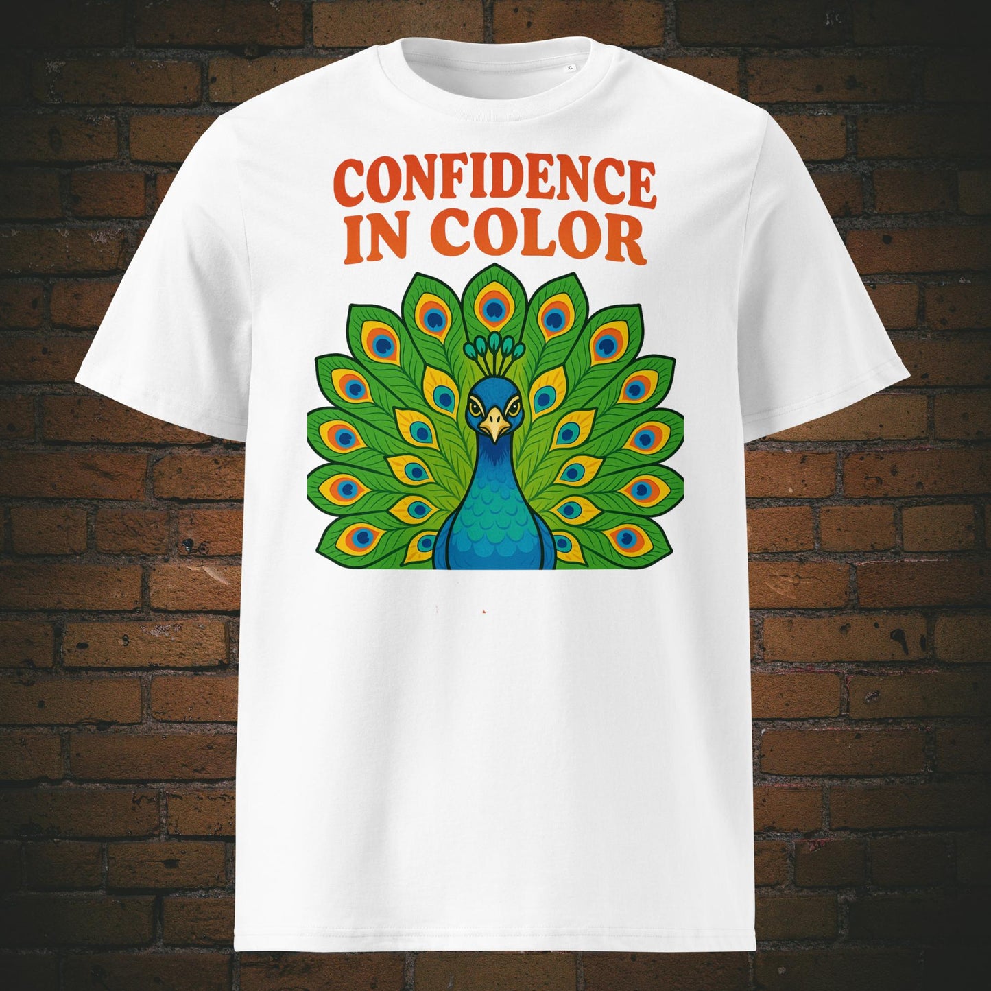 Hippie Pfau Bio-T-Shirt – Confidence in Color Design, bunte Federn - Shirt in der Farbe: weiß
