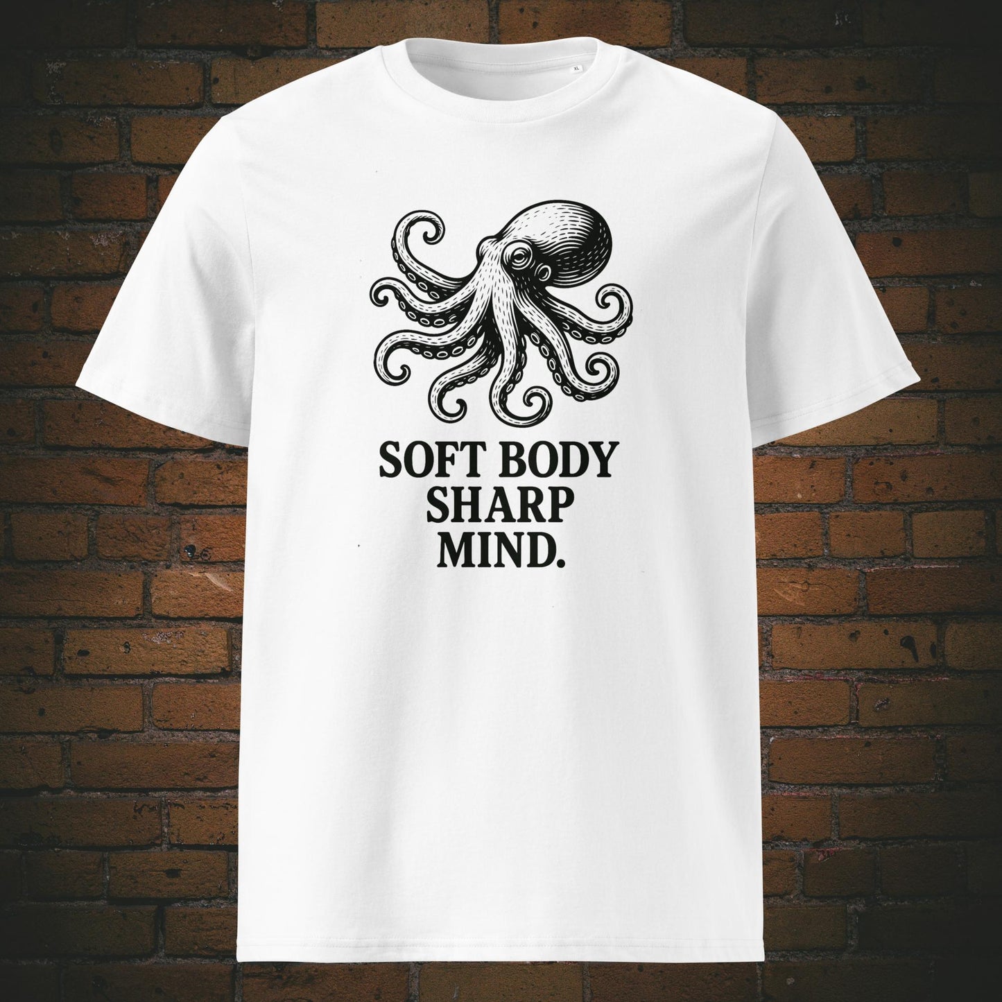 T-Shirt mit dem Krafttier Octopus Minimalistisch schwarz auf Baumwolle gedruckt Farbe weiß
