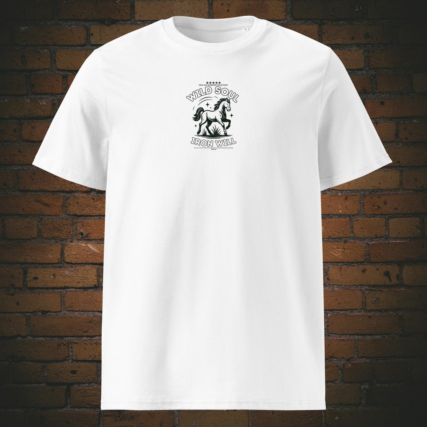 Wild Soul Iron Will – Pferd Krafttier Bio T-Shirt Unisex - Druck Vorderseite auf Bio-Baumwolle in der Farbe: weiß