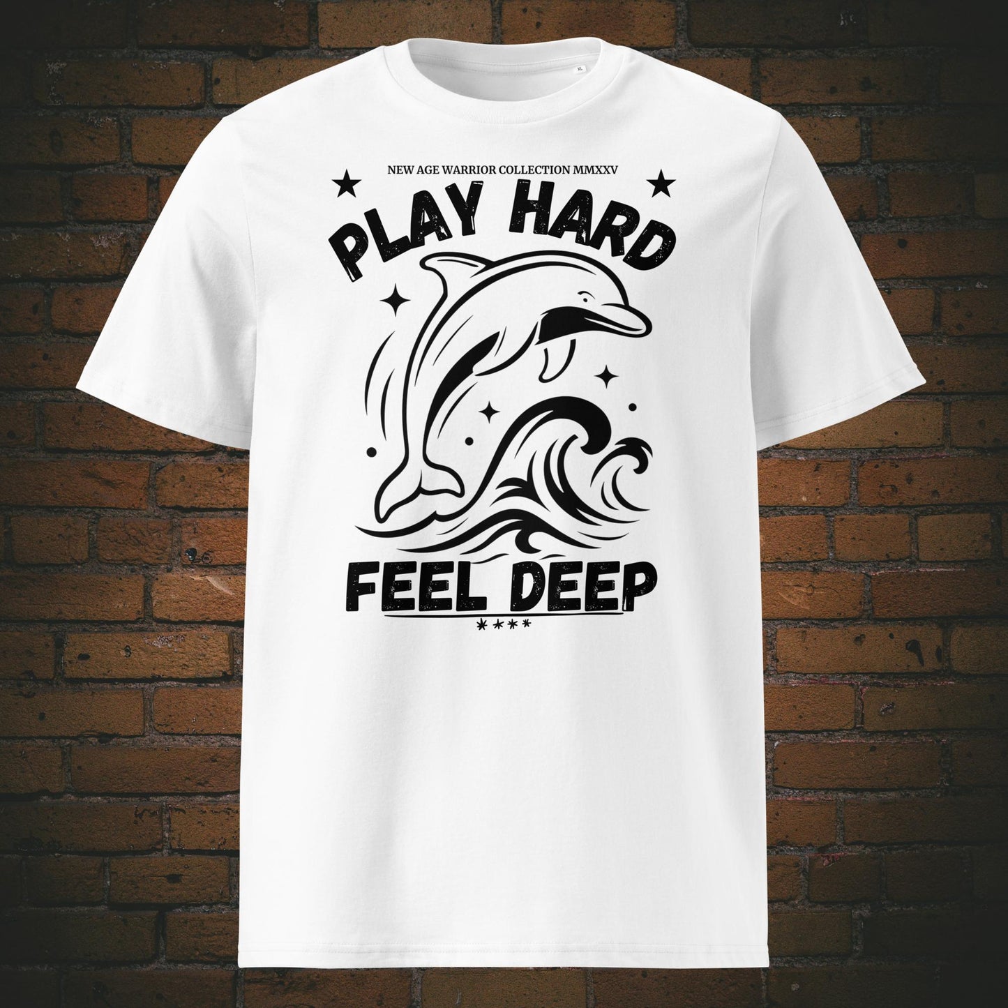 Delfin Krafttier Shirt – Minimalistisches Bio T-Shirt Unisex Schwarzes Design gedruckt auf weißer Baumwolle