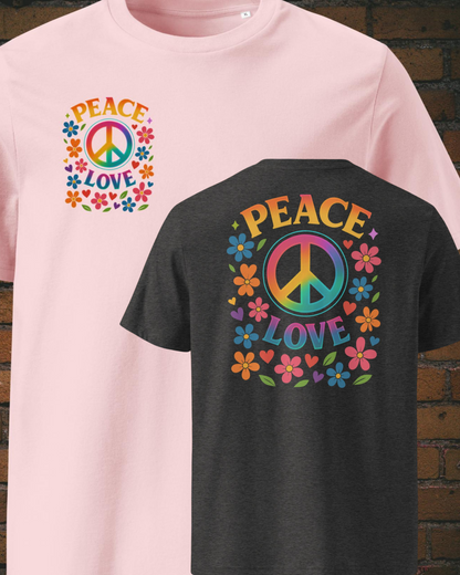 T-Shirts mit buntem Peace-Zeichen und „Peace Love“-Spruch, umgeben von Blumen und Herzen im Hippie-Stil, Front- und Rückenansicht in Rosa und Dunkelgrau