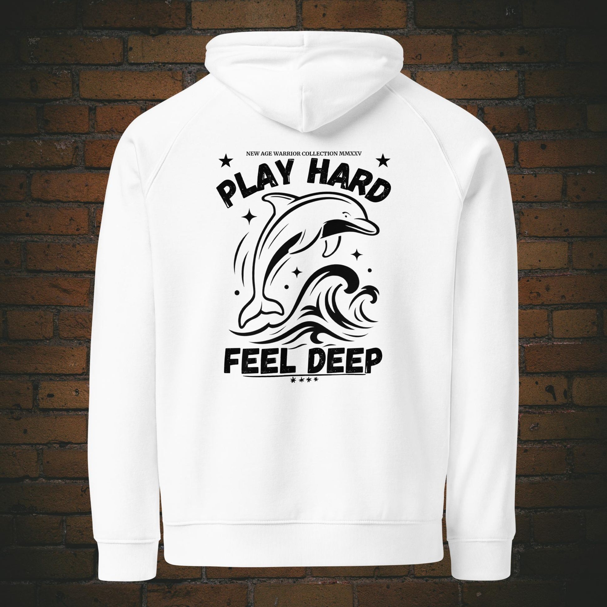 Delfin Krafttier Hoodie – Minimalistischer Bio Hoodie Unisex Design in Schwarz - Druck auf dem Rücken - Weiße Baumwolle
