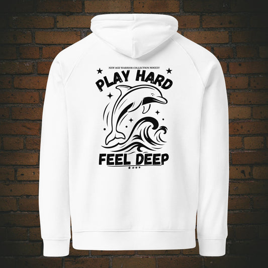 Delfin Krafttier Hoodie – Minimalistischer Bio Hoodie Unisex Design in Schwarz - Druck auf dem Rücken - Weiße Baumwolle