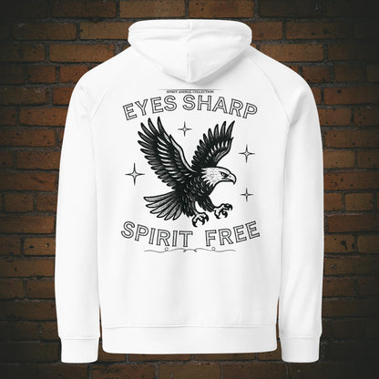 Spruch: Eyes Sharp Spirit Free – Adler Krafttier Bio Hoodie Unisex Vintage Schwarzes Design auf weißen Kapuzenpullover - Druck auf dem Rücken in Groß 