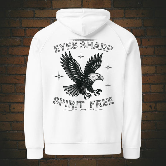 Spruch: Eyes Sharp Spirit Free – Adler Krafttier Bio Hoodie Unisex Vintage Schwarzes Design auf weißen Kapuzenpullover - Druck auf dem Rücken in Groß 