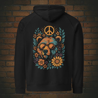 Flower Power Bär Hoodie – Retro Peace Design Bio Baumwolle in der Farbe schwarz - Druck auf dem Rücken