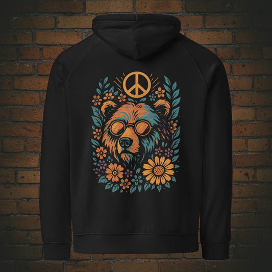 Flower Power Bär Hoodie – Retro Peace Design Bio Baumwolle in der Farbe schwarz - Druck auf dem Rücken