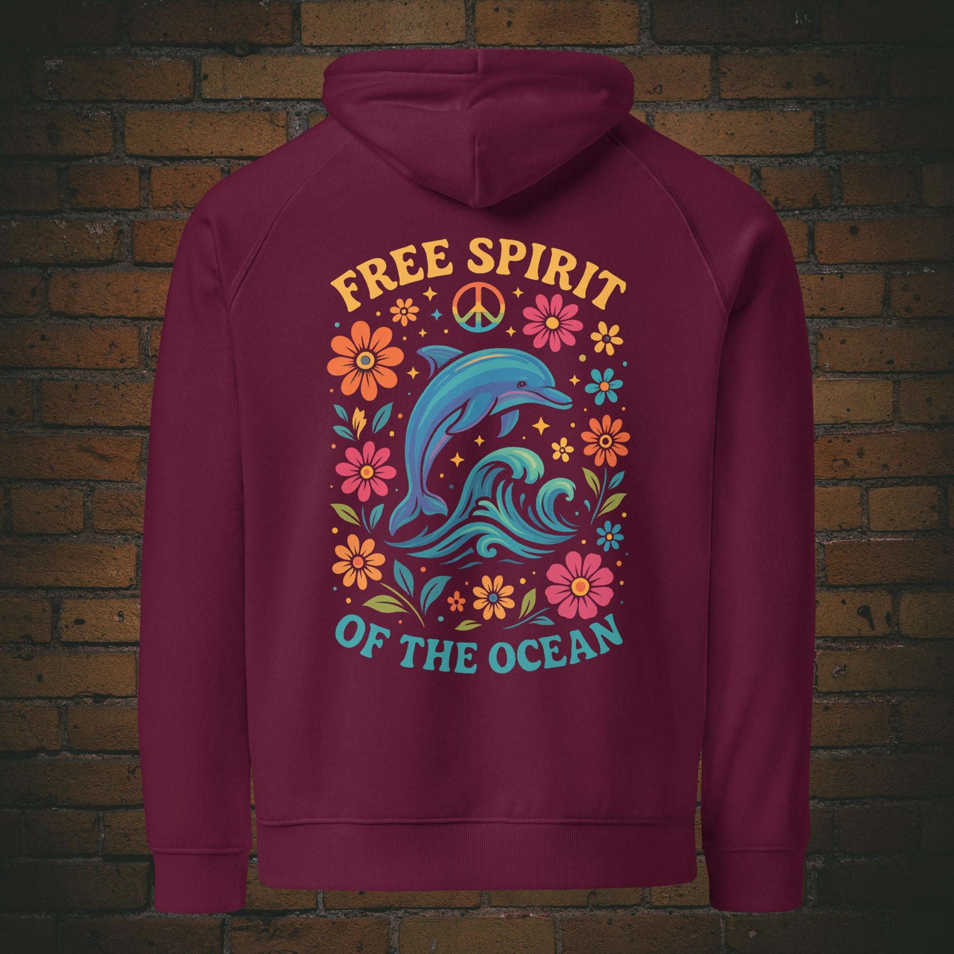 Free Spirit of the Ocean – Bunter Delfin Flower Power Bio Hoodie Unisex - Druck auf dem Rücken - Kapuzenpullover in der Farbe: weinrot