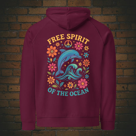 Free Spirit of the Ocean – Bunter Delfin Flower Power Bio Hoodie Unisex - Druck auf dem Rücken - Kapuzenpullover in der Farbe: weinrot