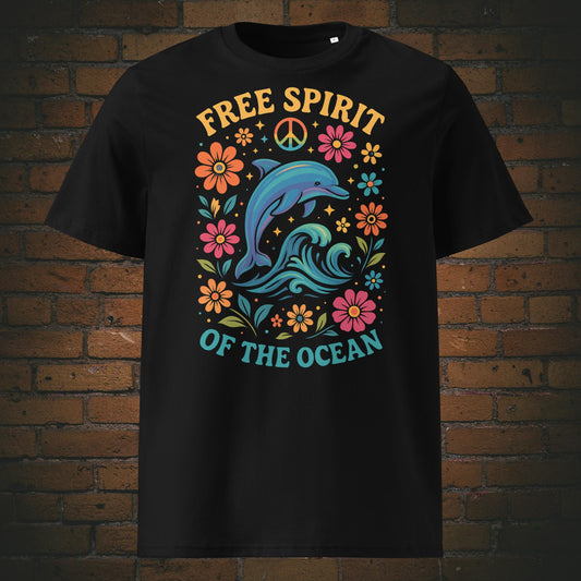 Free Spirit of the Ocean – Buntes Delfin Flower Power Bio T-Shirt Unisex - gedruckt auf Baumwolle in der Farbe: schwarz
