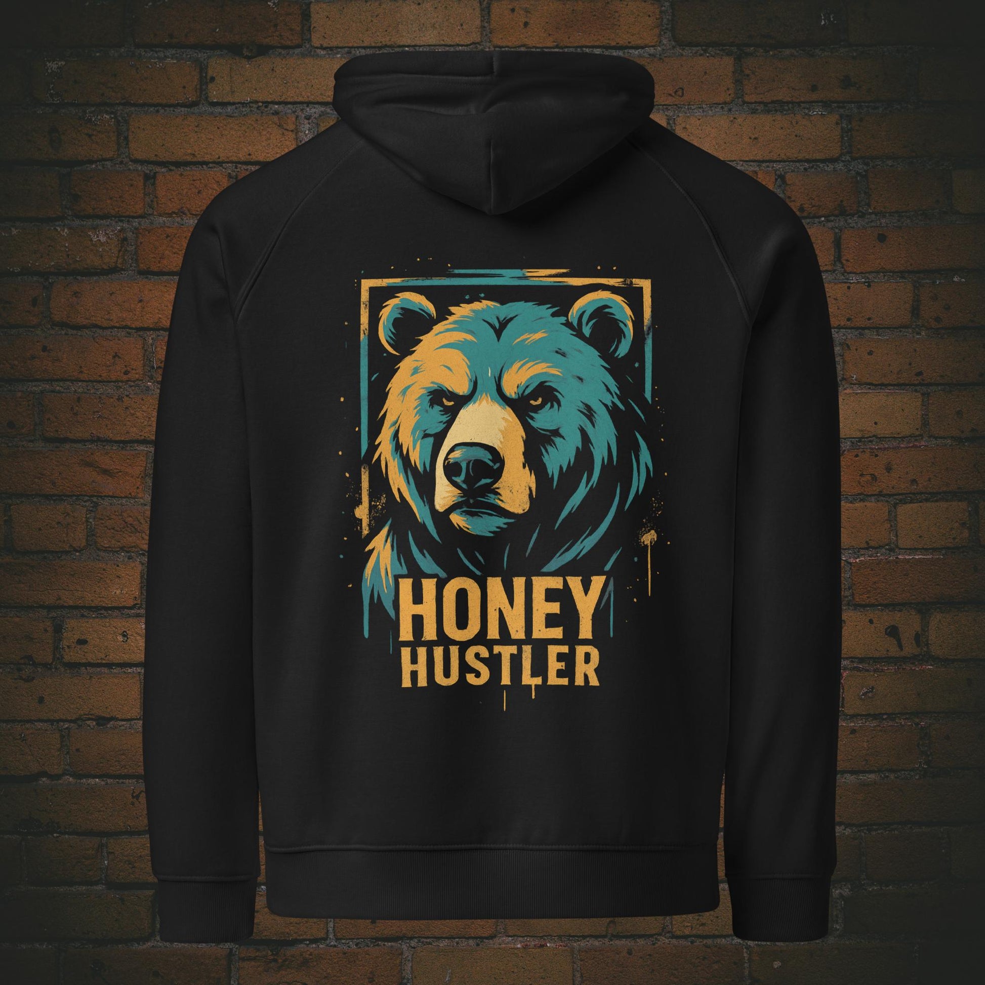 Honey Hustler Hoodie – Urban Street Art Bär Bio Baumwolle Unisex in der Farbe schwarz - Druck auf dem Rücken