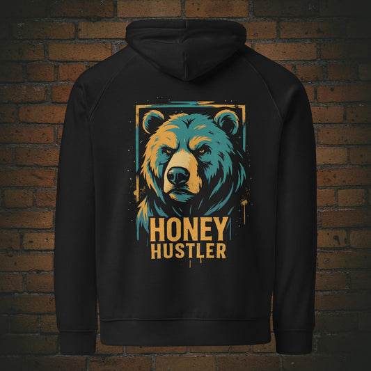 Honey Hustler Hoodie – Urban Street Art Bär Bio Baumwolle Unisex in der Farbe schwarz - Druck auf dem Rücken