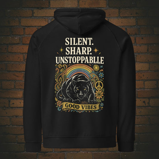 Hoodie Panther Good Vibes – Hippie Flower Power Unisex Bio - Druck auf dem Rücken - Kapuzenpullover in der Farbe: schwarz