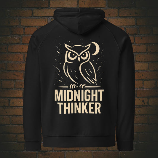 Midnight Thinker Hoodie – Eule Design Bio Baumwolle Unisex - Druck auf dem Rücken - Kapuzenpullover in schwarz