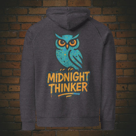 Midnight Thinker Hoodie – Urban Street Art Eule Graffiti Style Unisex - Pullover in der Farbe dunkelgrau - Druck auf dem Rücken