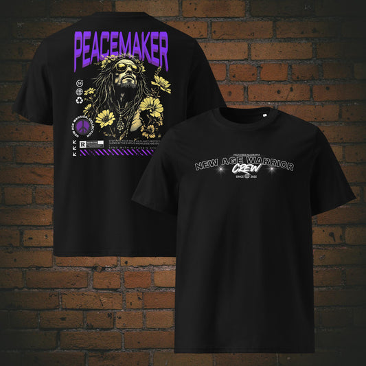 NEW AGE WARRIOR T-Shirt Unisex – CREW Brust & PEACEMAKER Rücken - Schriftzug Hippie Mann mit Sonnenbrille in lila gelb grau und weiss - Druck auf schwarzer Bio-Baumwolle