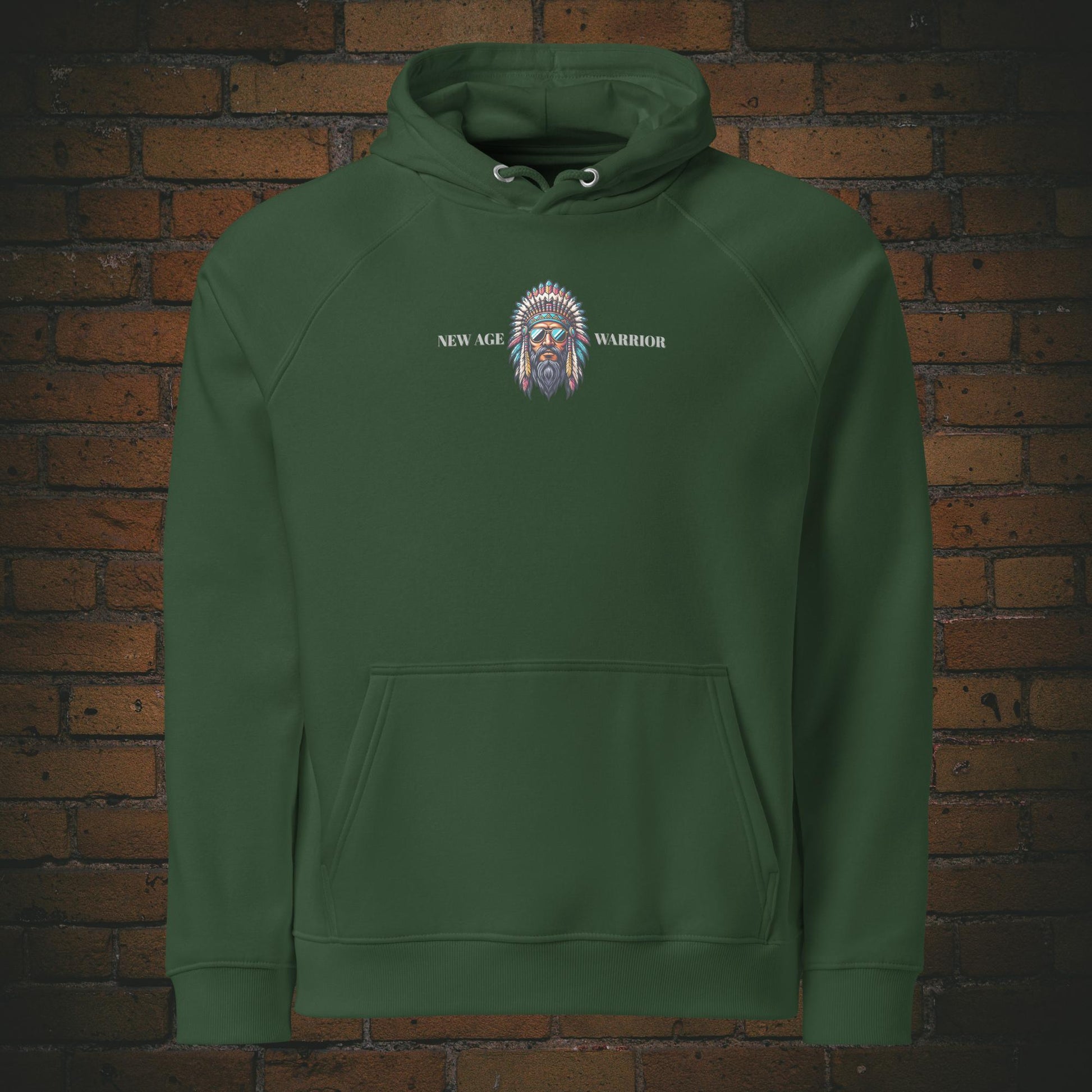 New Age Warrior Indianer Hoodie – Chief of Peace Design | Unisex Druck auf der Brust -  Bio Baumwolle in der Farbe grün 
