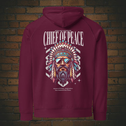 New Age Warrior Indianer Hoodie – Chief of Peace Design | Unisex Druck auf dem Rücken - Bio Baumwolle in der Farbe weinrot