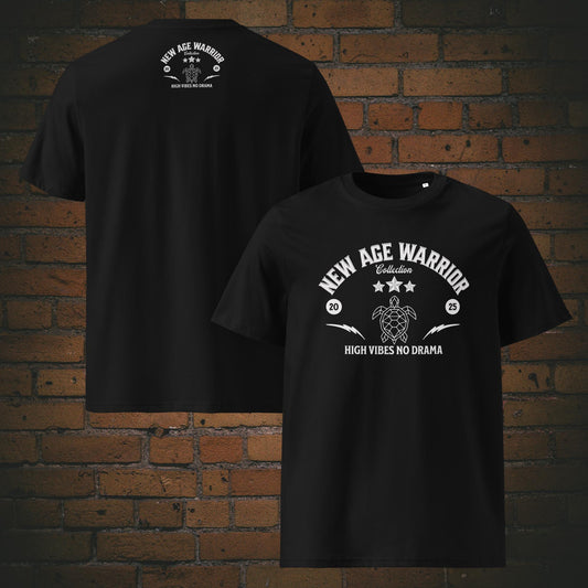 New Age Warrior T-Shirt – High Vibes No Drama weisses Design Druck auf Bio Baumwolle in schwarz