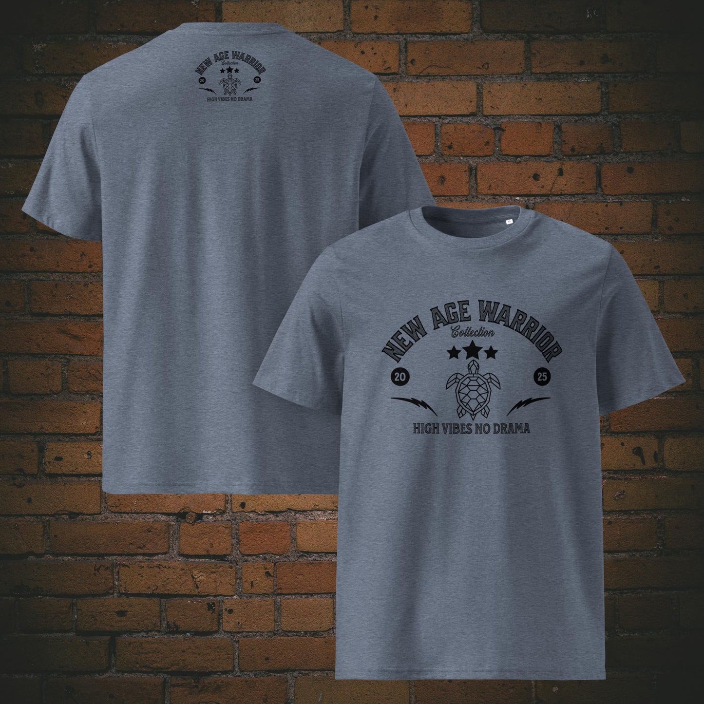New Age Warrior T-Shirt Unisex – Druck auf Bio Baumwolle Farbe Graublau Meliert