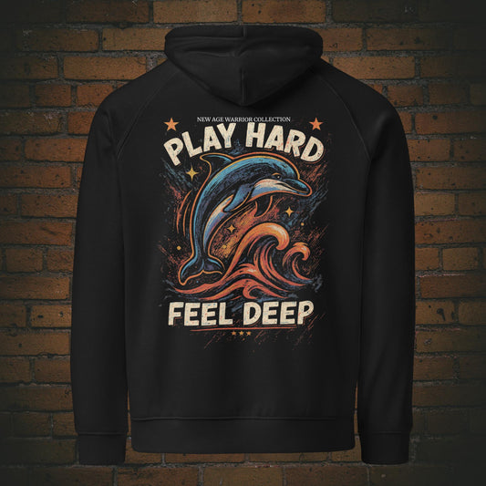 Play Hard Feel Deep – Bunter Delfin Streetwear Bio Hoodie Unisex - Druck auf dem Rücken - Schwarzer Kapuzenpullover