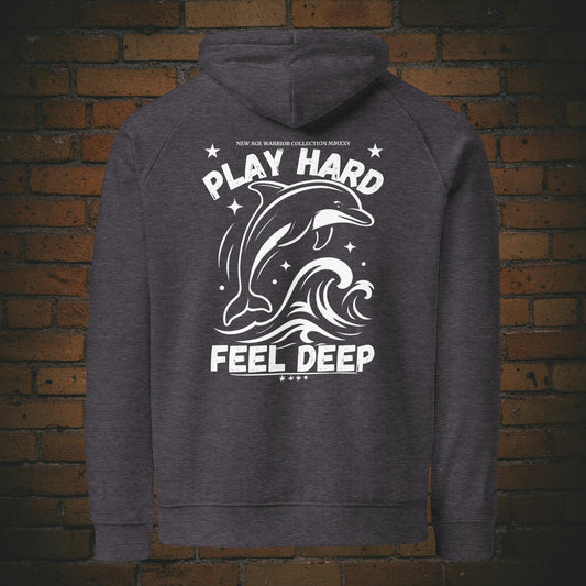 Play Hard Feel Deep weiss – Delfin Krafttier Bio Hoodie Unisex -  Druck auf dem Rücken - Kapuzenpullover in der Farbe: Grau