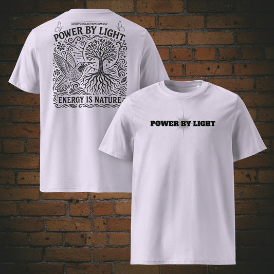Power by Light – Kolibri Nature T-Shirt | Vorder- & Rückendruck | Bio-Baumwolle in der Farbe Lavendel