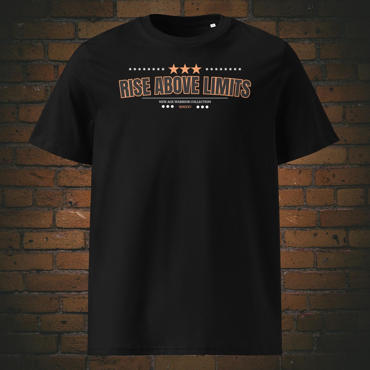 Rise Above Limits – Power Statement Bio-T-Shirt Unisex - Schriftfarbe weiss schwarz orange - gedruckt auf Baumwolle in der Farbe: schwarz