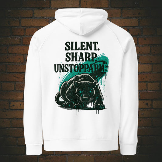 Silent Sharp Unstoppable Hoodie – Panther Bio Unisex - Druck auf dem Rücken - Kapuzenpullover in der Farbe weiß