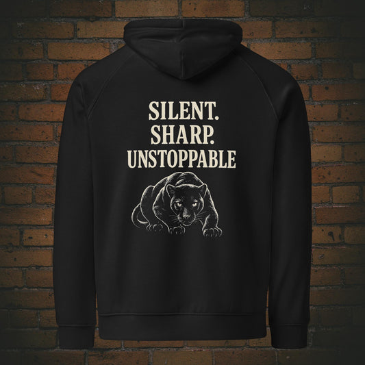 Silent Sharp Unstoppable Hoodie – Schwarzer Panther Bio Unisex - Druck auf dem Rücken - Kapuzenpullover für Frau und Mann in der Farbe: schwarz