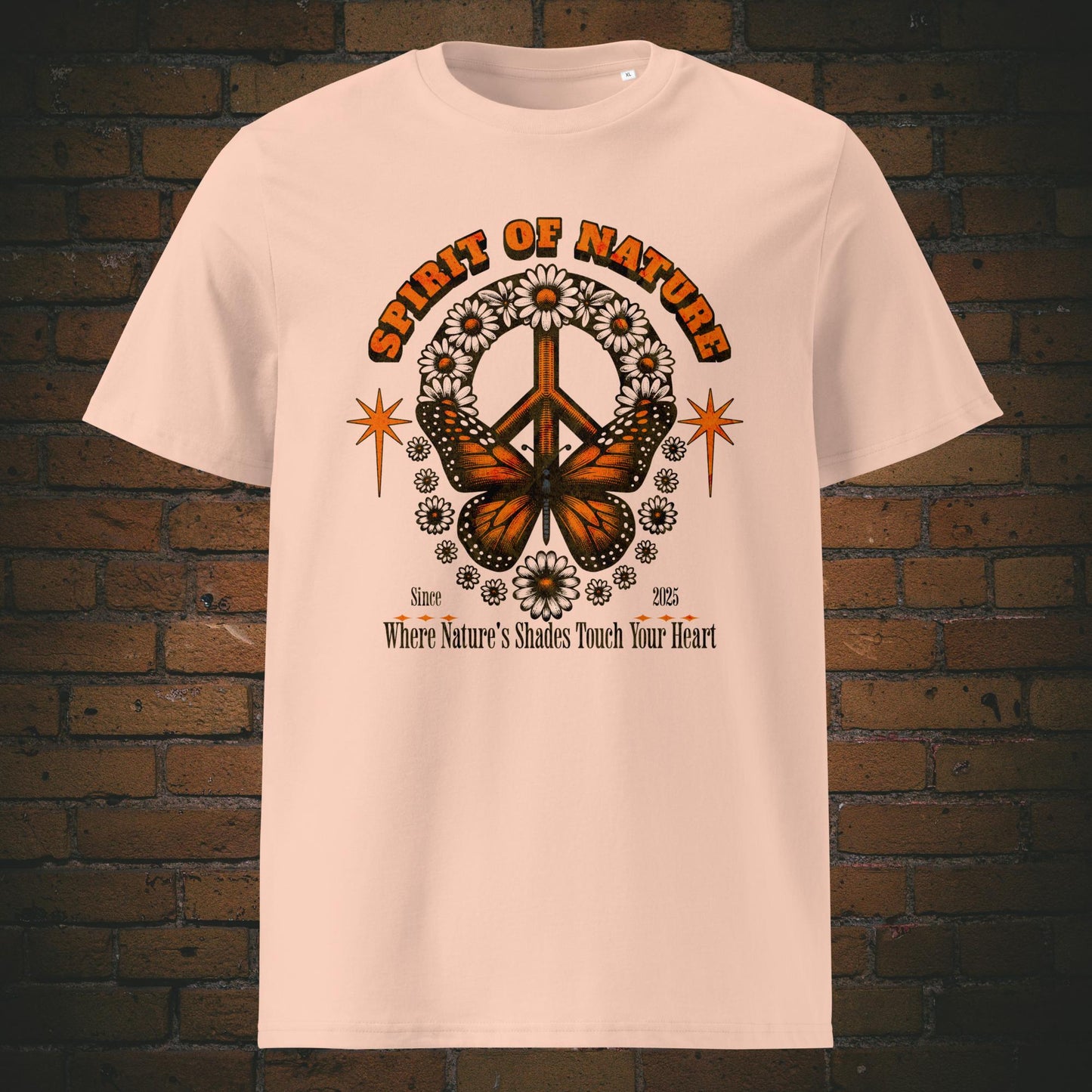 Spirit of Nature T-Shirt – Spirituelles Hippie Design Unisex | Bio Baumwolle in der Farbe Pfirsich