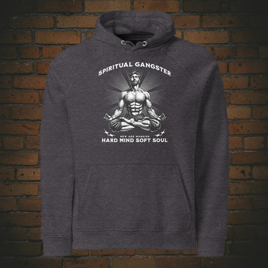 Spiritual Gangster Hoodie – Hard Mind Soft Soul | New Age Warrior Druck auf Bio Baumwolle in der Farbe dunkelgrau Unisex
