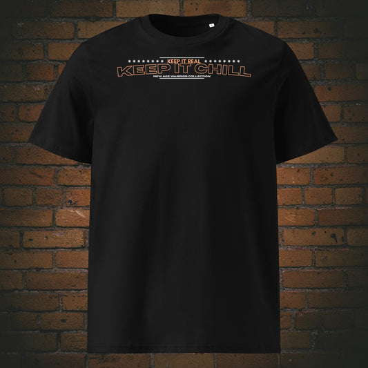 Bedrucktes T-Shirt mit Spruch in oranger weisser Schrift - BIO Baumwolle in schwarzer Farbe  