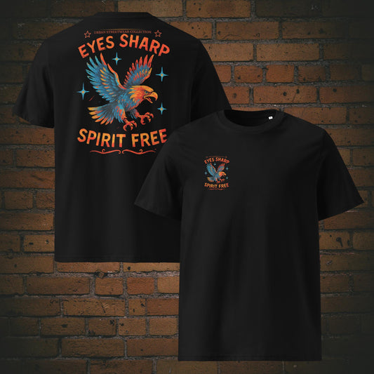 Urban Adler mit Spruch - Eyes Sharp Spirit Free - Streetwear T-Shirt Unisex - Buntes Design - Druck auf schwarzer Bio-Baumwolle