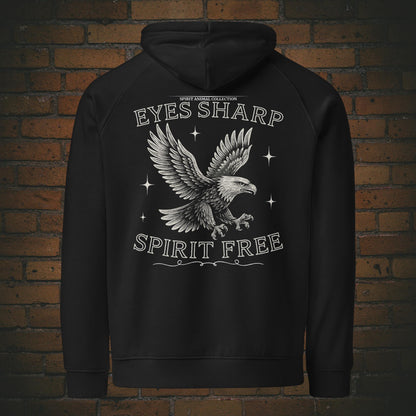 Weißer Adler mit Spruch Eyes Sharp Spirit Free auf schwarzen Bio Hoodie Unisex Schwarz Krafttier - Druck auf dem Rücken