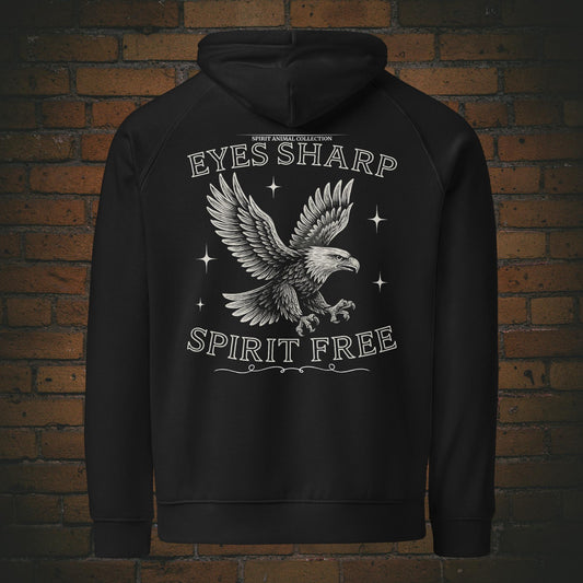 Weißer Adler mit Spruch Eyes Sharp Spirit Free auf schwarzen Bio Hoodie Unisex Schwarz Krafttier - Druck auf dem Rücken