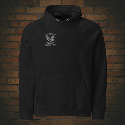 Weißer Adler mit Spruch Eyes Sharp Spirit Free - Druck auf schwarzen Bio Hoodie Unisex Schwarz - Krafttier Kollektion - Druck auf der Brust rechts