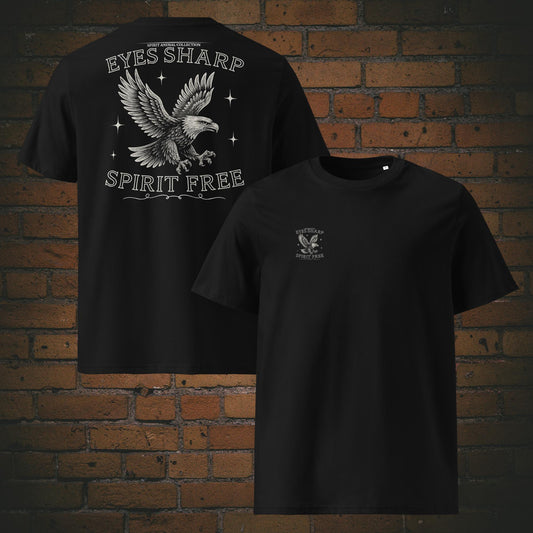 Eyes Sharp Spirit Free – Weißes Adler Krafttier T-Shirt Unisex Bio Schwarzes Design gedruckt auf schwarzen Shirt - Druck auf der Brust in klein und auf dem Rücken in groß