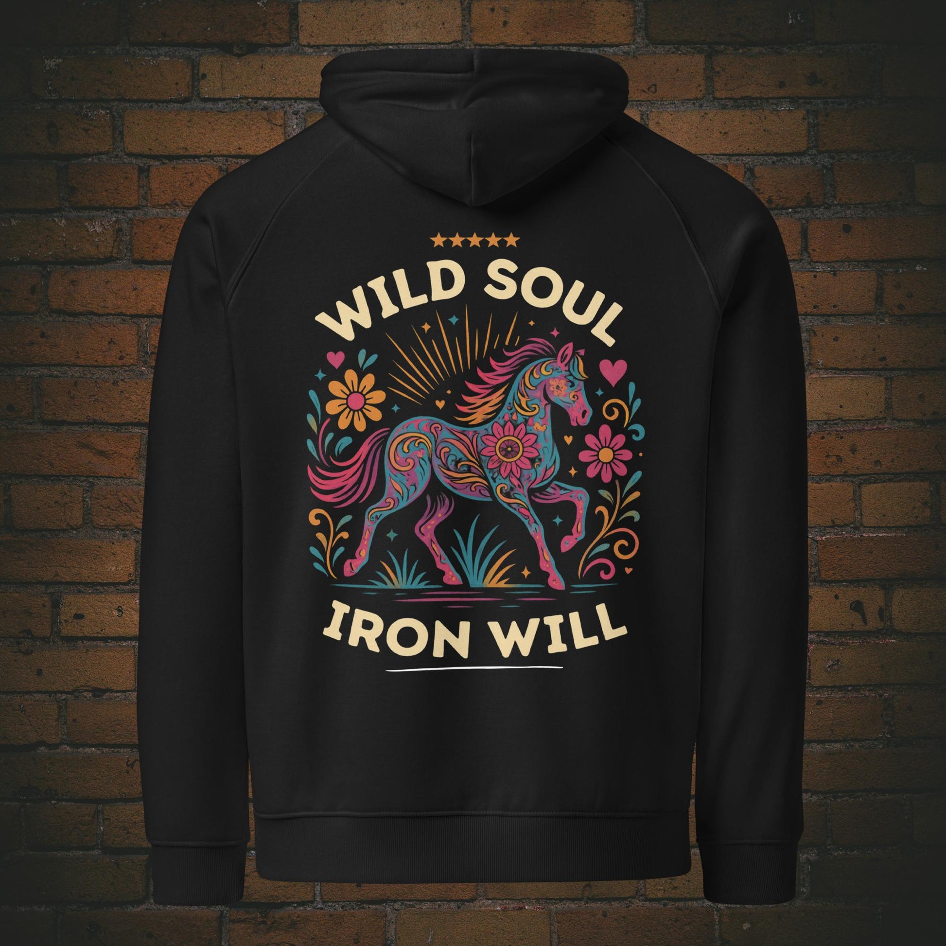 Wild Soul Iron Will – Hippie Pferd Bio Hoodie Unisex in der Farbe schwarz - Druck auf der Rückseite