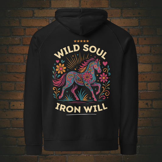 Wild Soul Iron Will – Hippie Pferd Bio Hoodie Unisex in der Farbe schwarz - Druck auf der Rückseite