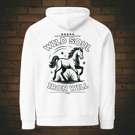 Wild Soul Iron Will – Pferd Krafttier Bio Hoodie Unisex - Druck auf der Rückseite - Kapuzenpullover in der Farbe weiß