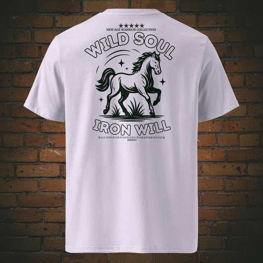 Wild Soul Iron Will – Pferd Krafttier Bio T-Shirt Unisex - Druck auf Bio-Baumwolle in der Farbe: Lavendel