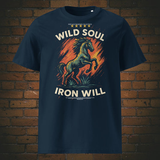 T-Shirt mit Pferd und Spruch im Stil Street Art - Druck auf dunkelblauer Bio Baumwolle 