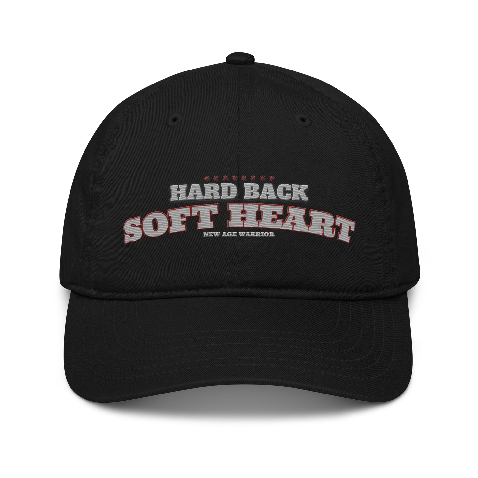 Hard Back Soft Heart – New Age Warrior Bio Baseball Cap bestickt in der Farbe schwarz Detailansicht vorne