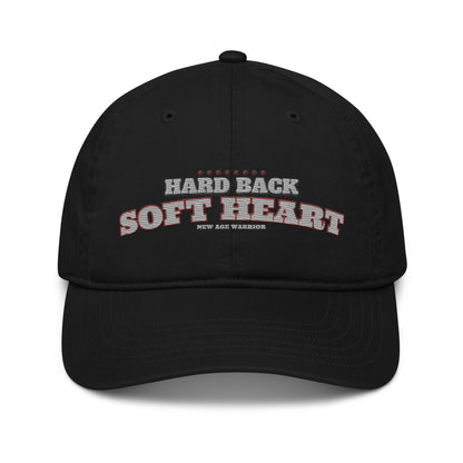 Hard Back Soft Heart – New Age Warrior Bio Baseball Cap bestickt in der Farbe schwarz Detailansicht vorne