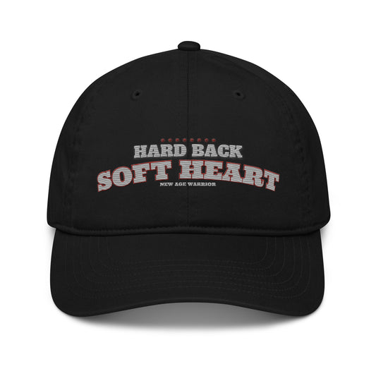 Hard Back Soft Heart – New Age Warrior Bio Baseball Cap bestickt in der Farbe schwarz Detailansicht vorne
