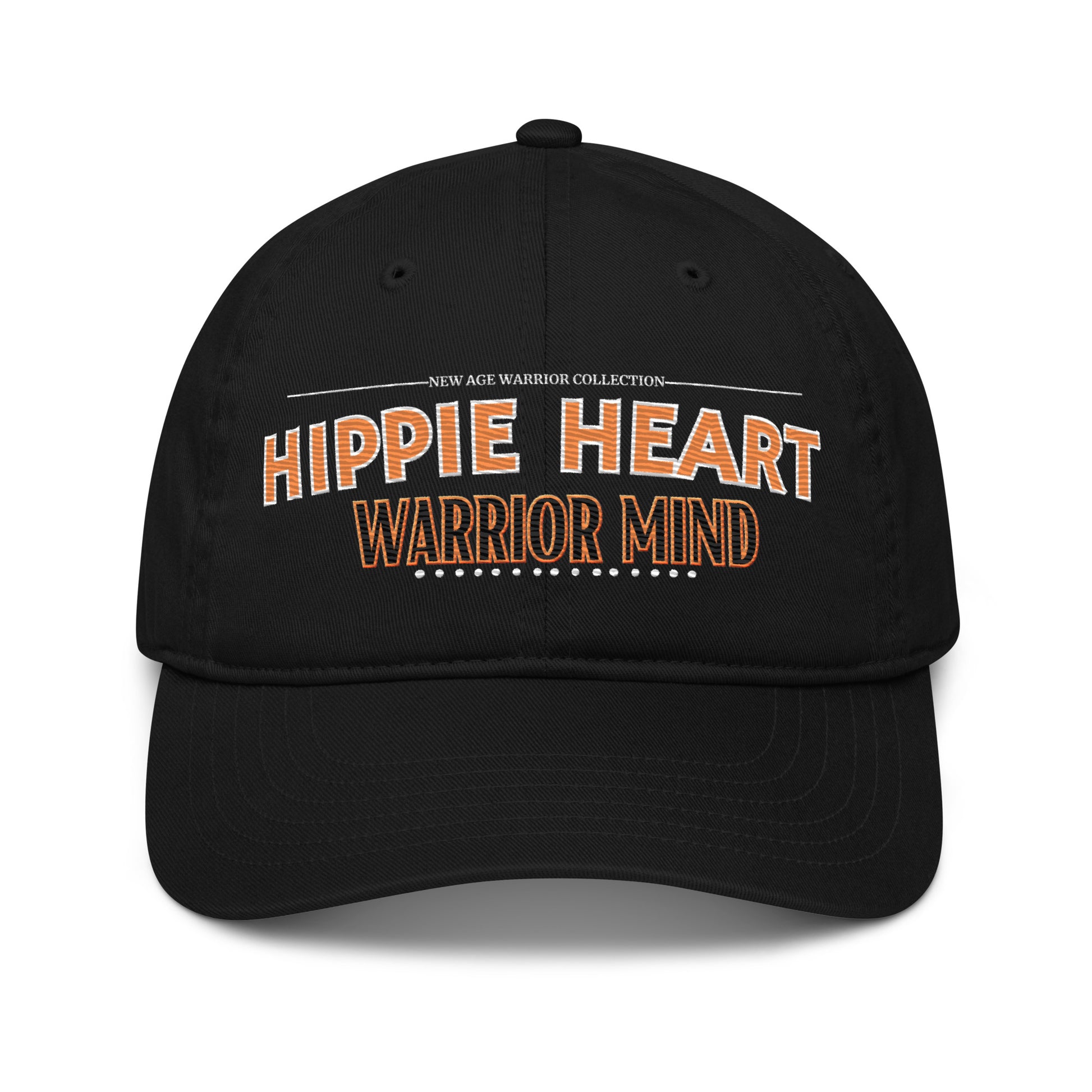 Hippie Heart Warrior Mind – Nachhaltige Bio Baseball Cap in der Farbe schwarz 