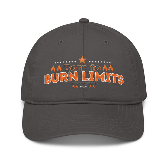 Nachhaltige Bio Baumwolle Baseball Cap - Spruch Born to Burn Limits in der Farbe grau